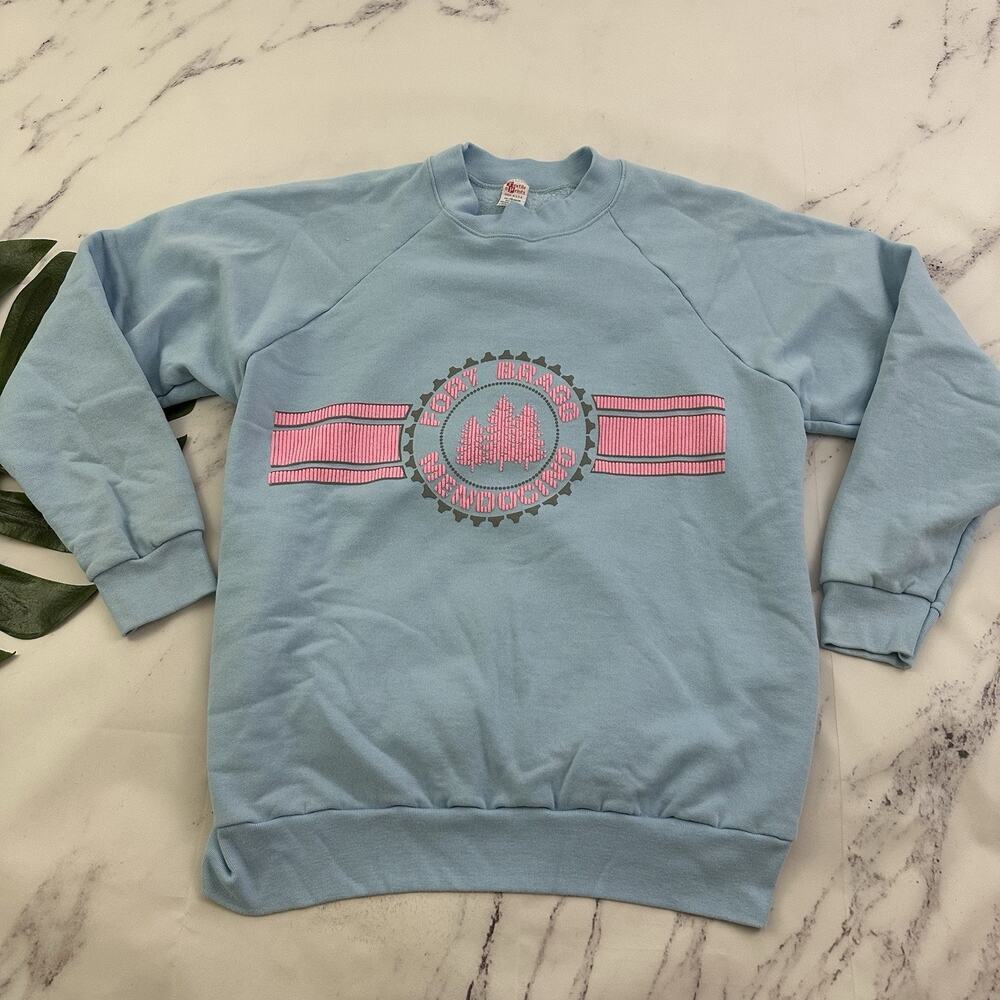 Textile Prints Womens Vintage 80s Fort Bragg Sweatshirt Size XL Blue Pink Pastel